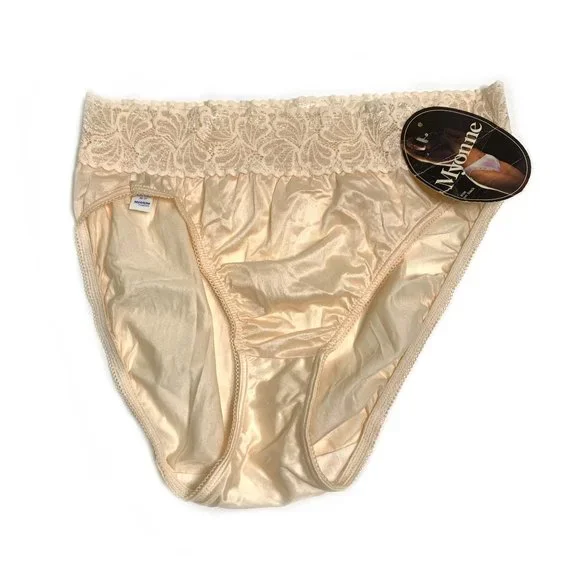 Vintage Myonne Shiny Second Skin High Cut Panties Size Small Satin Lace Trim NEW - Picture 1 of 9